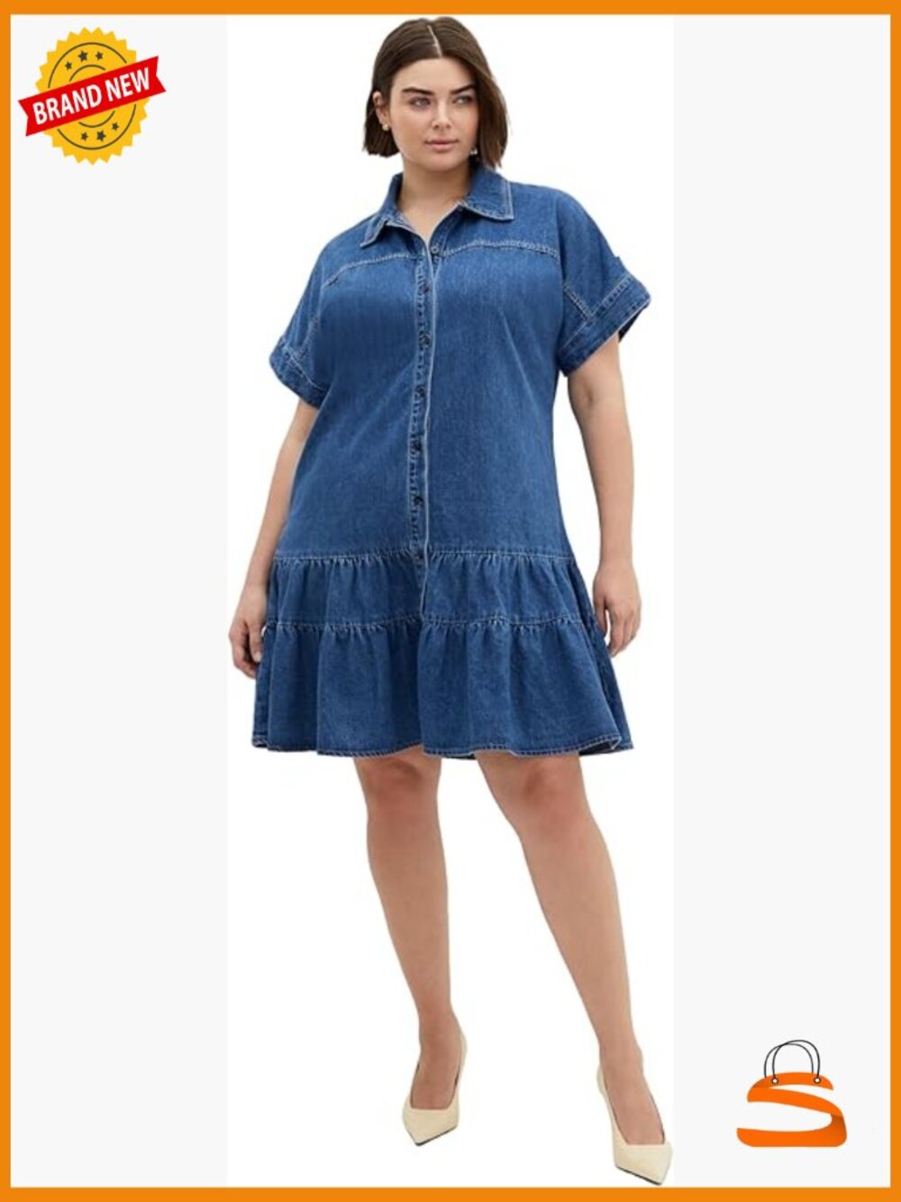 Plus Size Shift Dress - Collared Midi Denim Dress